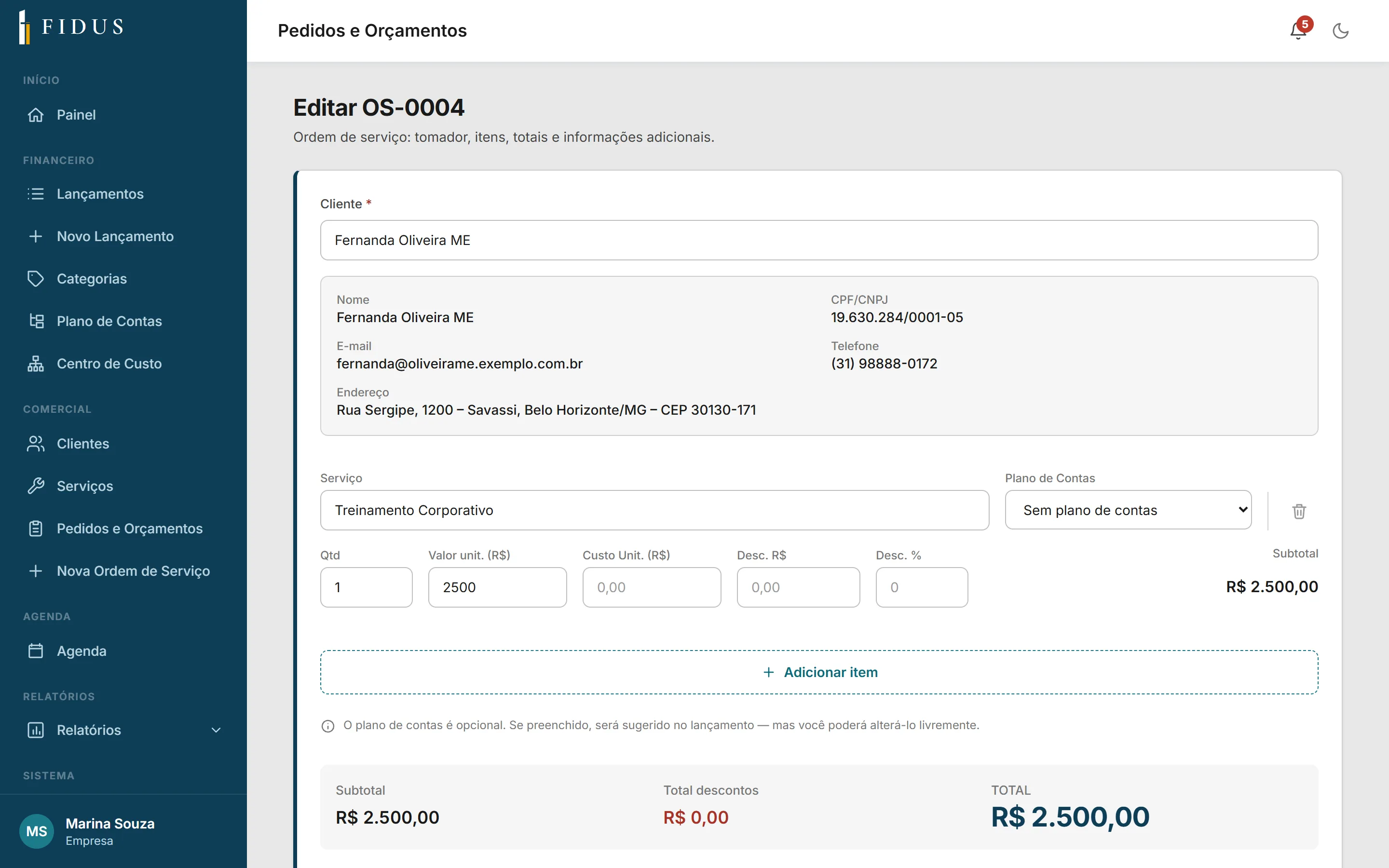 Ordem de serviço no FIDUS com cliente, itens e totais